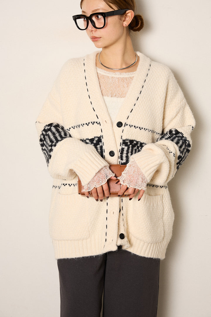 [SET]ライン柄ステッチニットカーディガン+裏起毛スウェットワイドパンツ(2set)