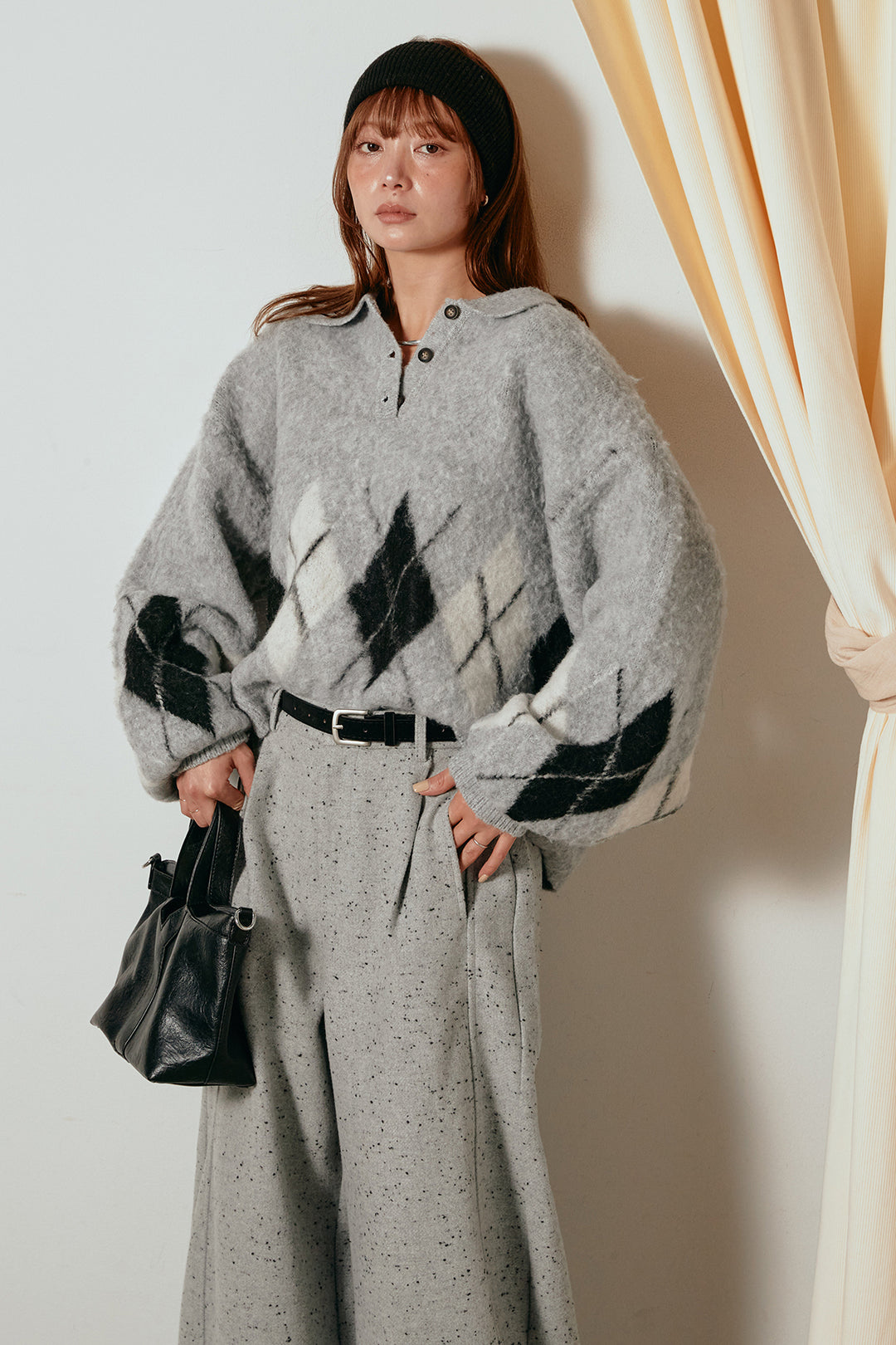 [SET]アーガイル柄ポロニットトップス+ベルト付きネップツイードカーブパンツ(2set)