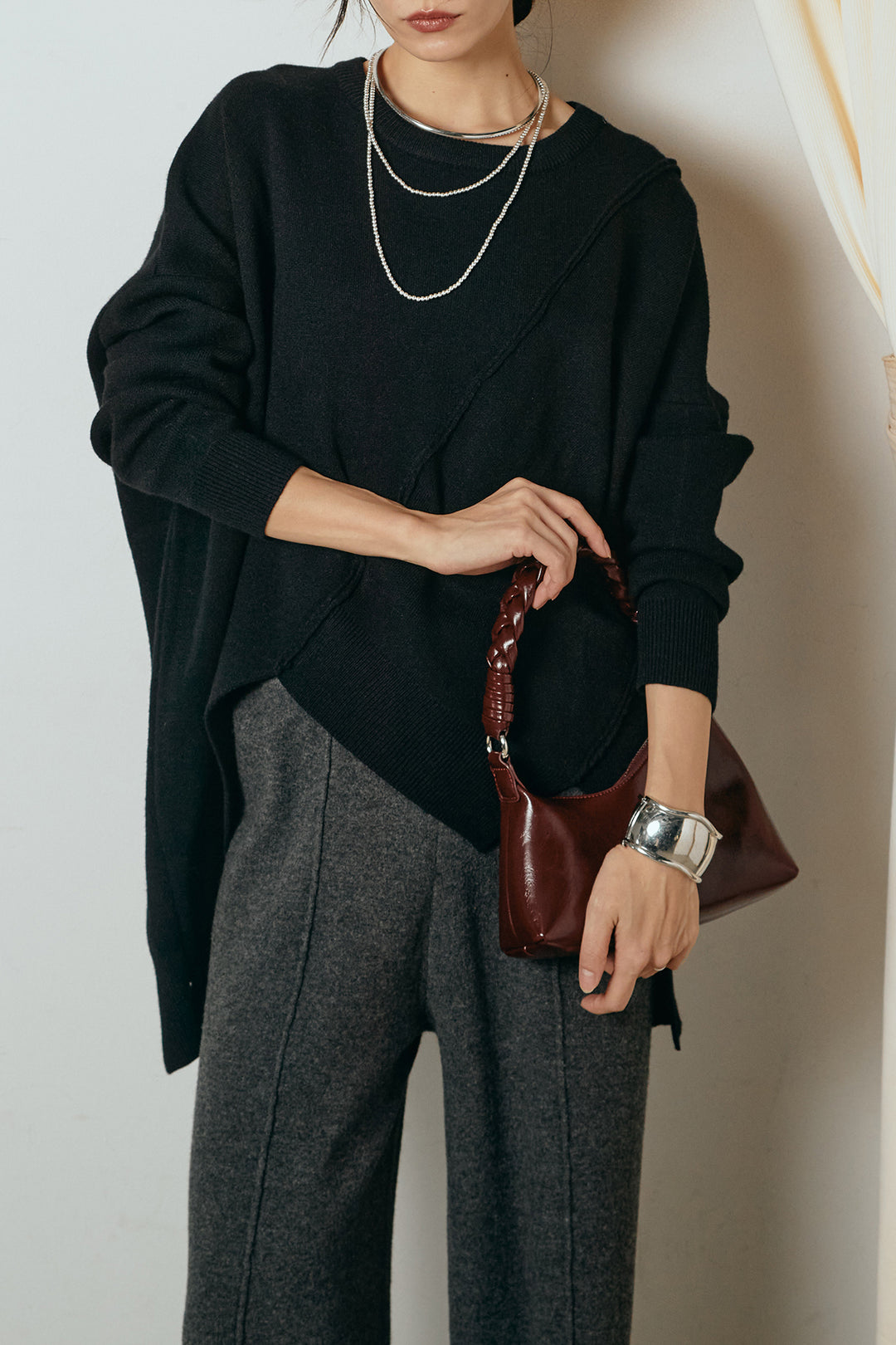 [SET]アシンメトリーデザインニットトップス+センターラインニットパンツ(2set)