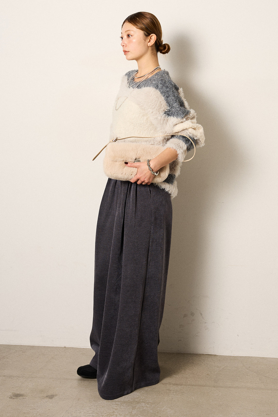 [SET]シャギーウェーブ柄クルーネックニットトップス+ベルトループコーデュロイワイドパンツ(2set)