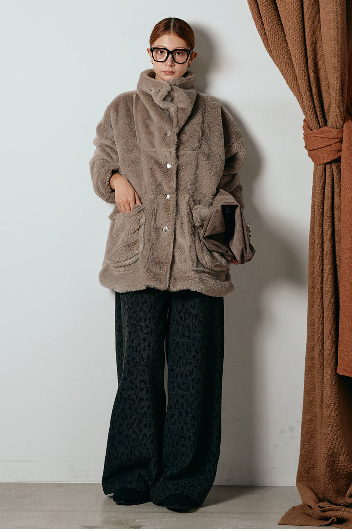 [SET]スタンドネックファーコート+レオパードジャガードニットパンツ(2set)