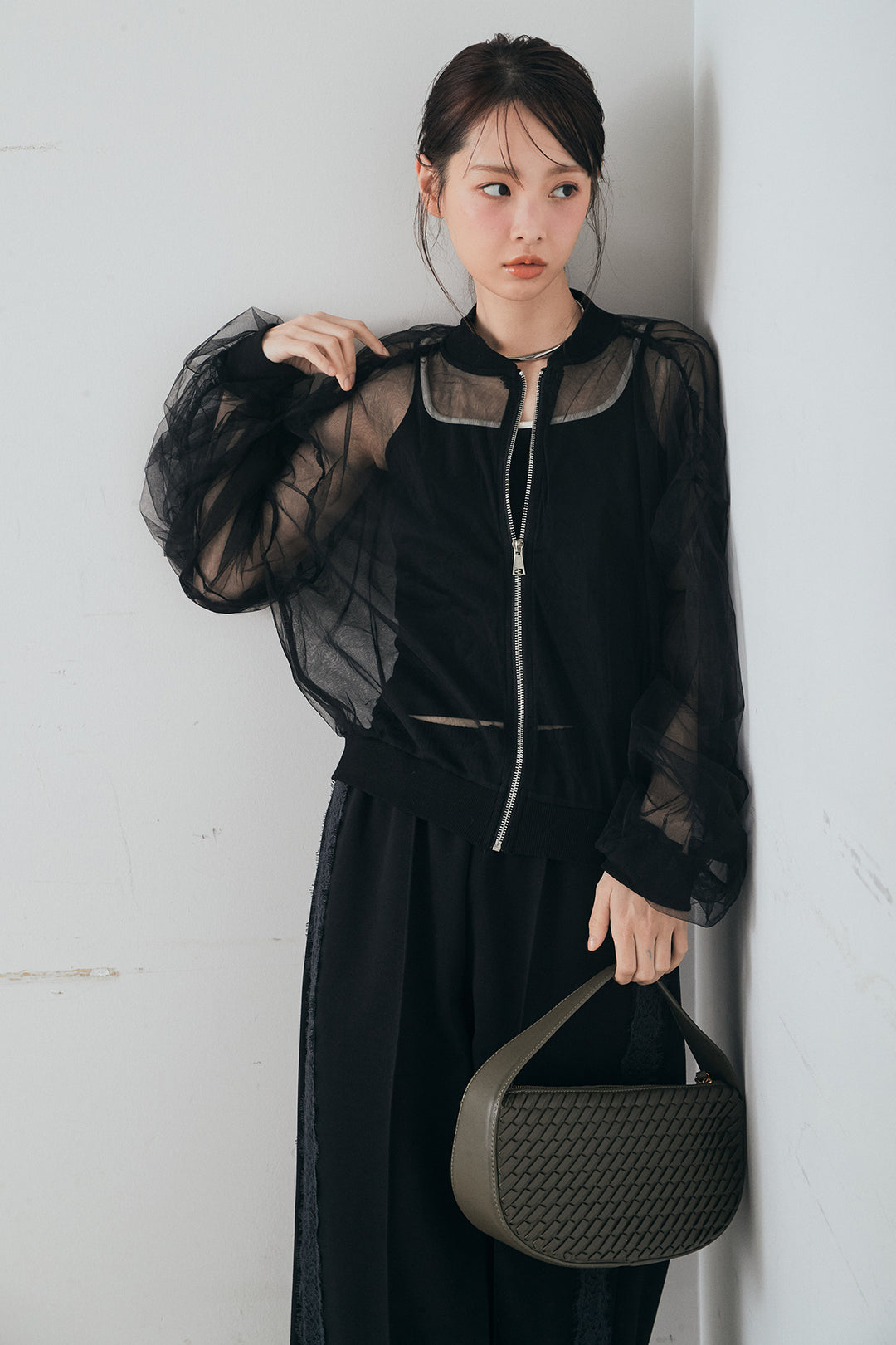 [SET]エアリーチュールスリーブシアーブルゾン+Wフェイスカットソーサイドレースラインパンツ(2set)