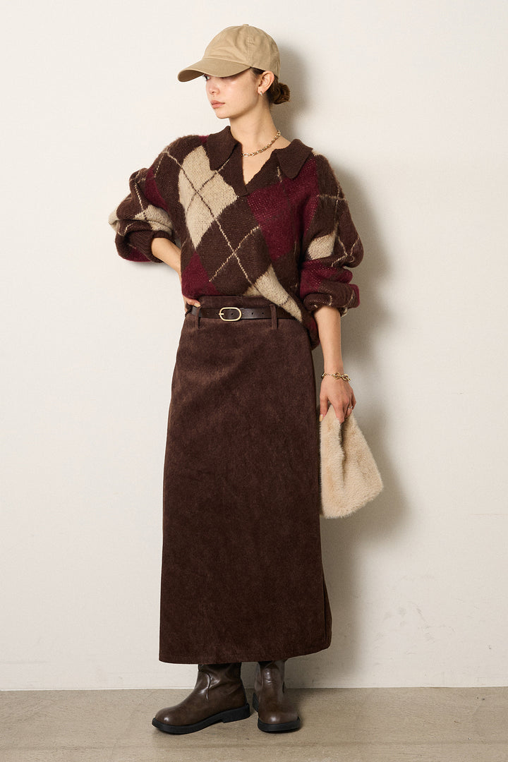 [SET]アクリルモヘアアーガイルキーネックプルオーバー+ロープベルト付きスウェード調スカート(2set)