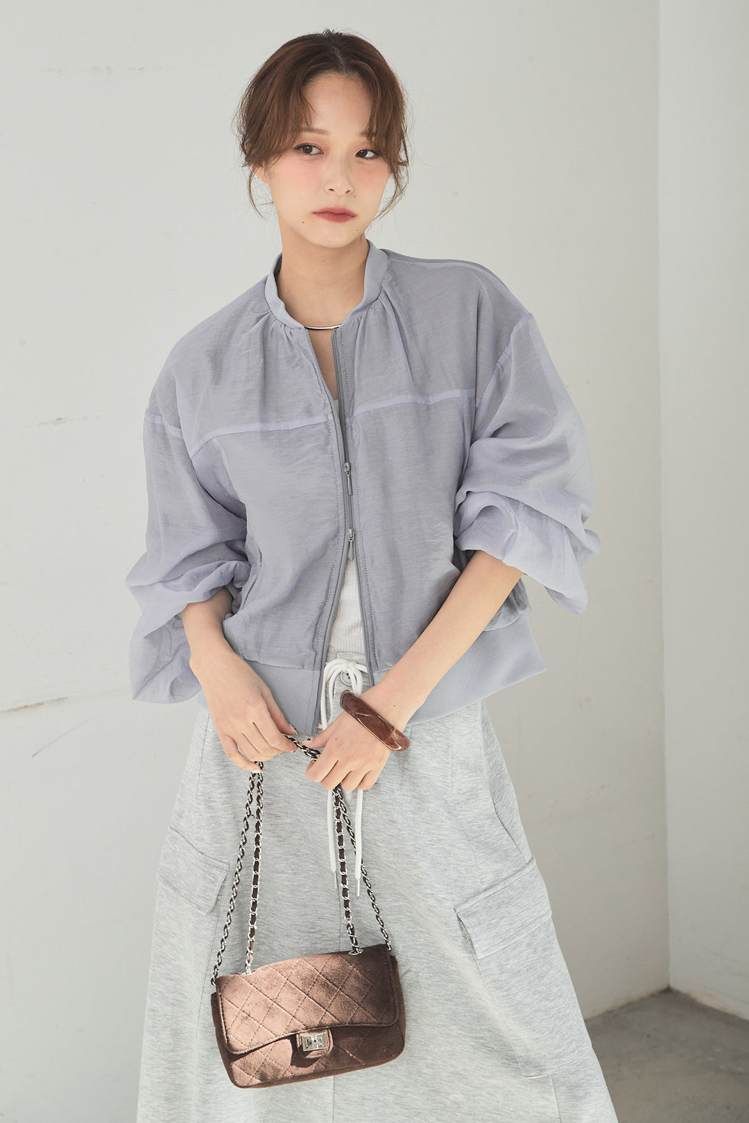 [SET]シアー×ポンチブルゾン+リラックススウェットスカート(2set)