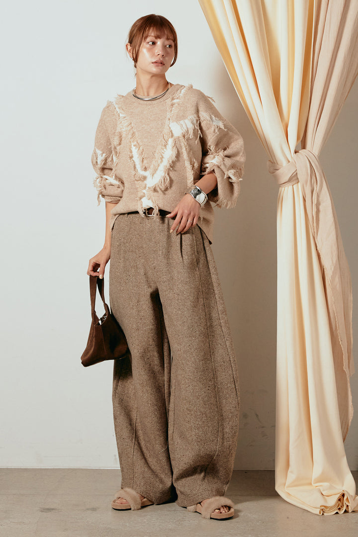 [SET]シャギージャガードニットトップス+ベルト付きネップツイードカーブパンツ(2set)