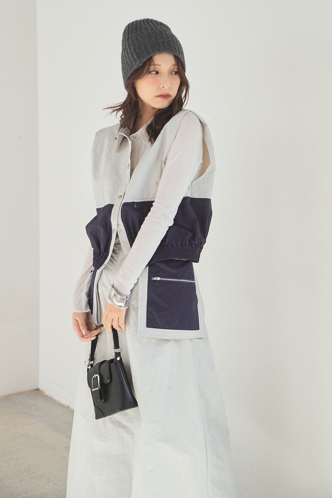 [SET]襟付きナイロンベスト+サイドデザインナイロンスカート(2set)