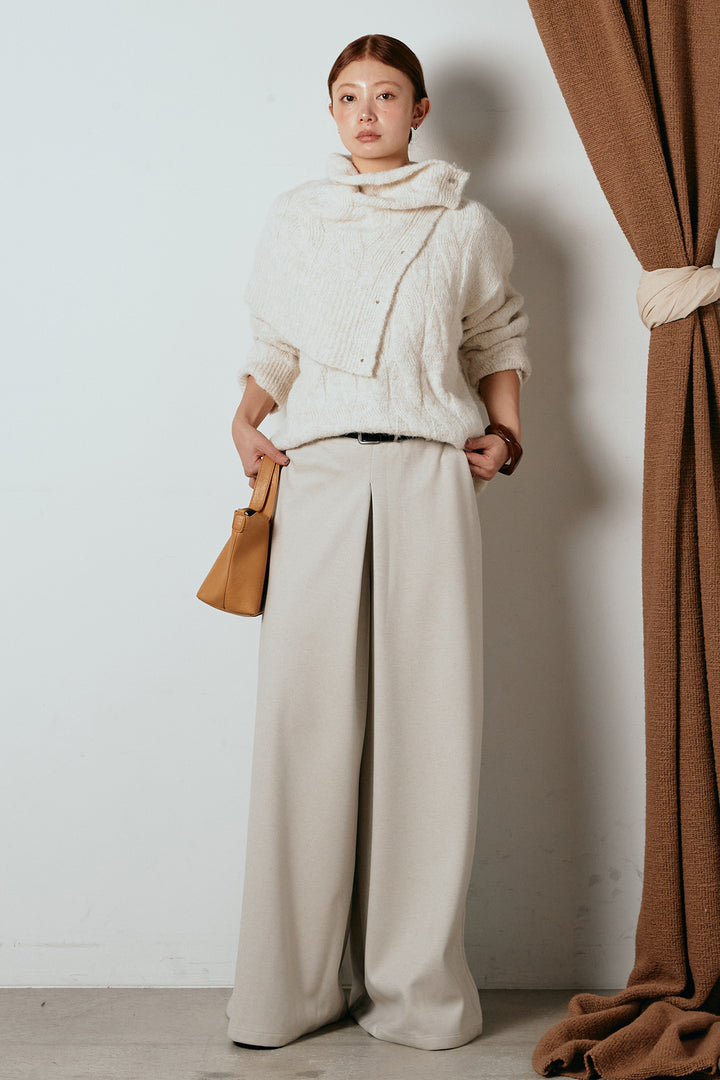 [SET]ケープデザインケーブルニットトップス+ベルト付きフロントタックデザインパンツ(2set)