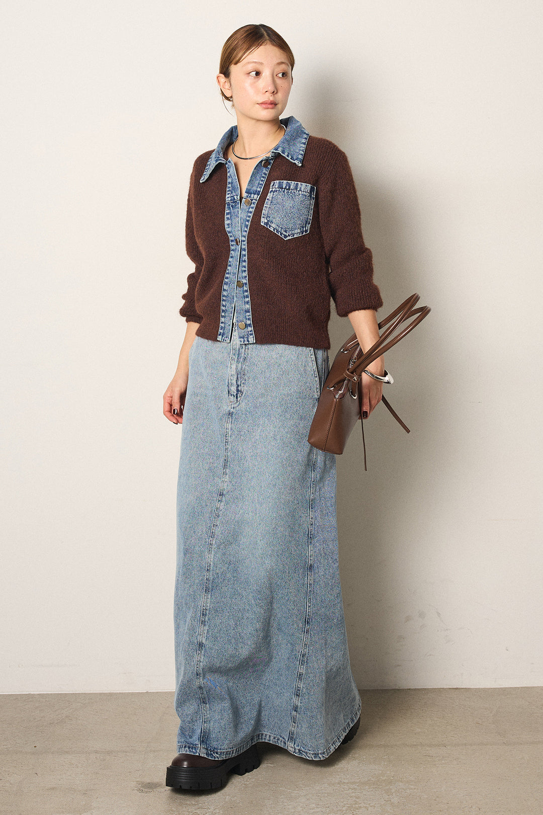 [SET]襟付きデニム切替ニットカーディガン+デニムロングフレアスカート(2set)