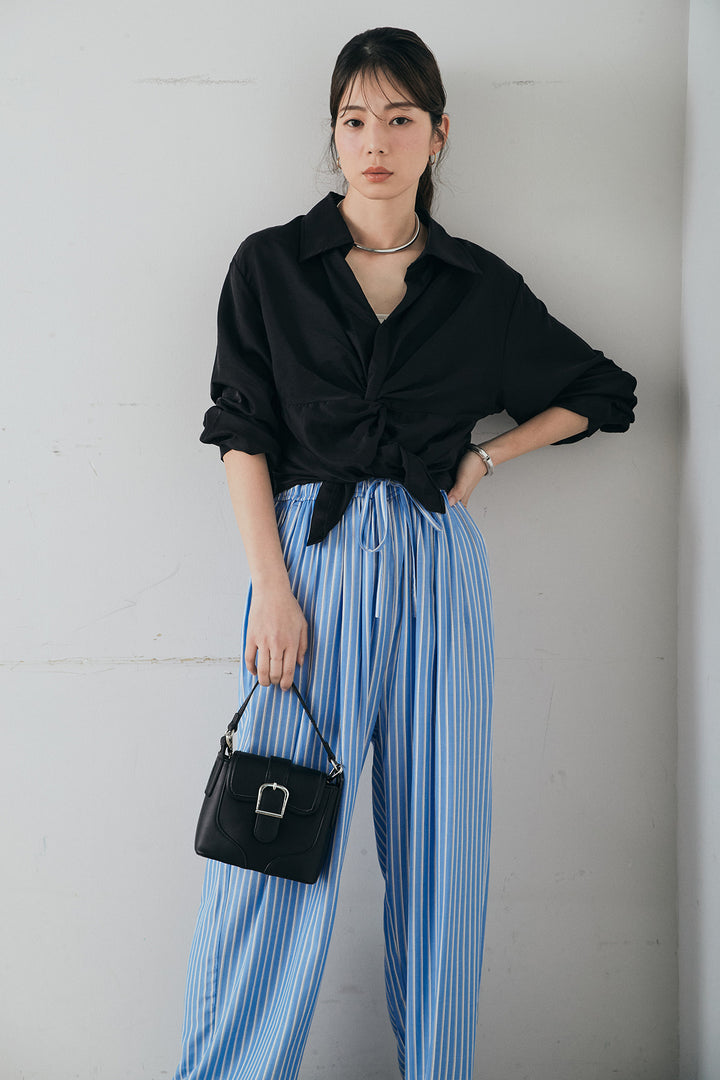 [SET]裾巻きツイストデザインシャツ+レーヨンストライプイージーワイドパンツ(2set)