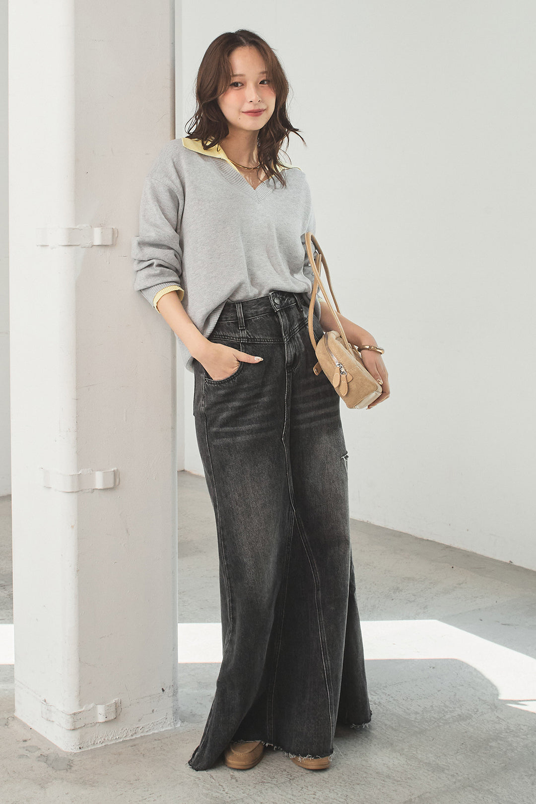 [SET]バイカラーニットレイヤード風プルオーバー+Aラインデニムスカート(2set)