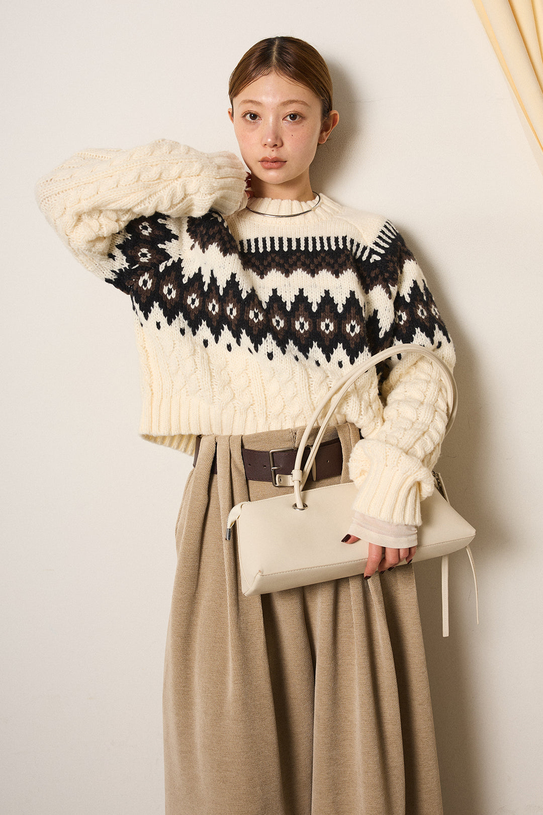 [SET]2WAY求心柄ジャガードショートカーディガン+ベルトループコーデュロイワイドパンツ+2WAY袖コード刺繍クルーネックプルオーバー(3set)