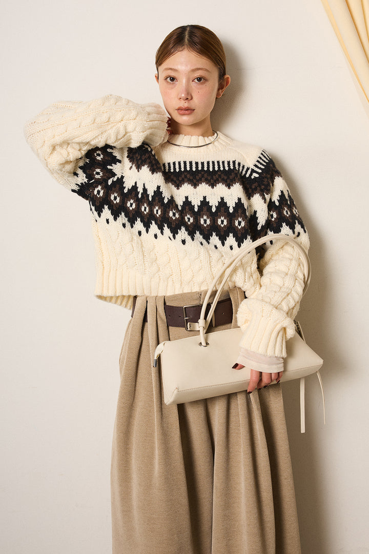 [SET]2WAY求心柄ジャガードショートカーディガン+ベルトループコーデュロイワイドパンツ+2WAY袖コード刺繍クルーネックプルオーバー(3set)