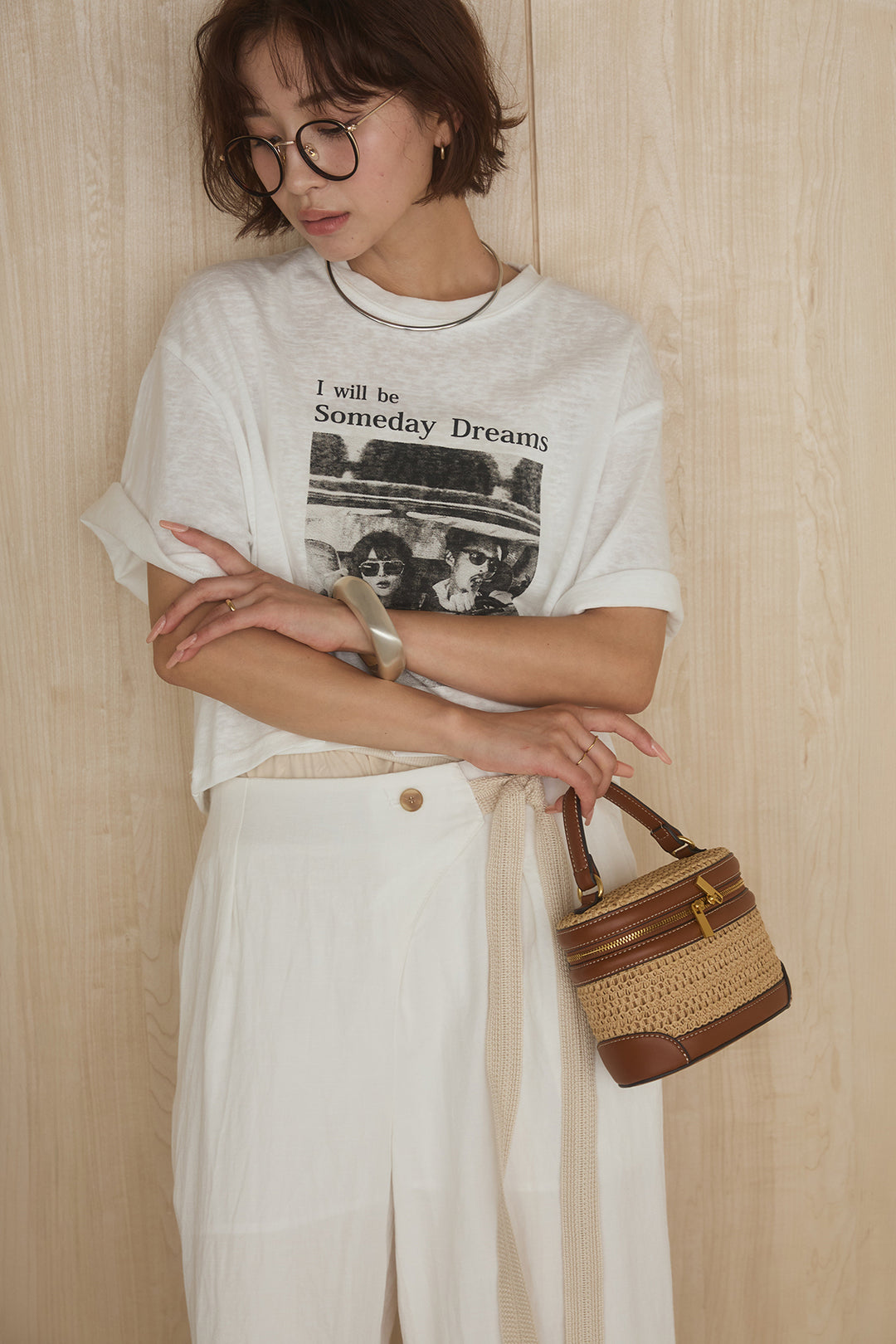 [SET]グラフィックサムデイワイドクロップドT+異素材ベルト付きラップ風ニュアンスワイドパンツ(2set)