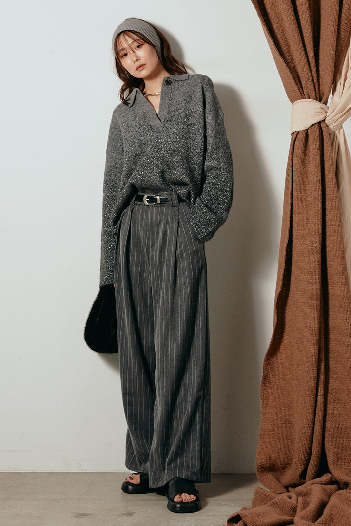 [SET]グラデーションラメニットキーネックプルオーバー+ストライプヘリンボーンパンツ(2set)