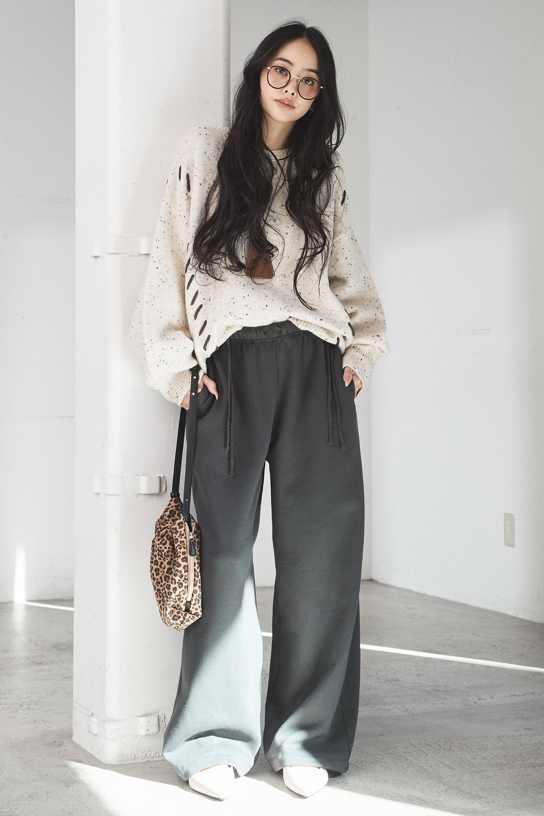 [SET]ネップ編み上げニットトップス+裏起毛スウェットワイドパンツ(2set)