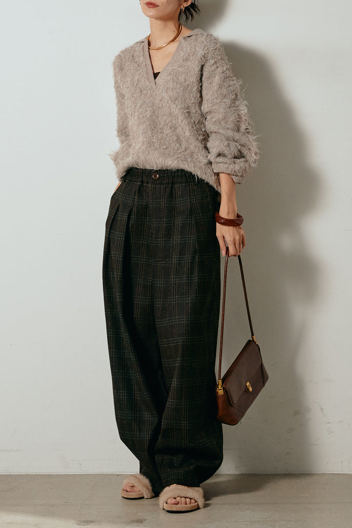 [SET]襟付きシャギーニットポロトップス+タータンチェック柄タックパンツ(2set)