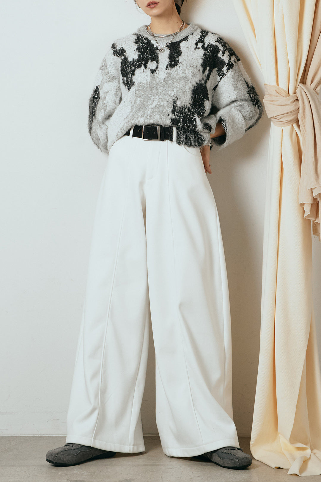 [SET]起毛ニュアンス柄ニットプルオーバー+ファーベルト付きワイドパンツ(2set)