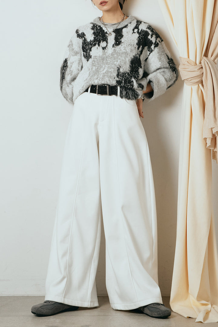 [SET]起毛ニュアンス柄ニットプルオーバー+ファーベルト付きワイドパンツ(2set)