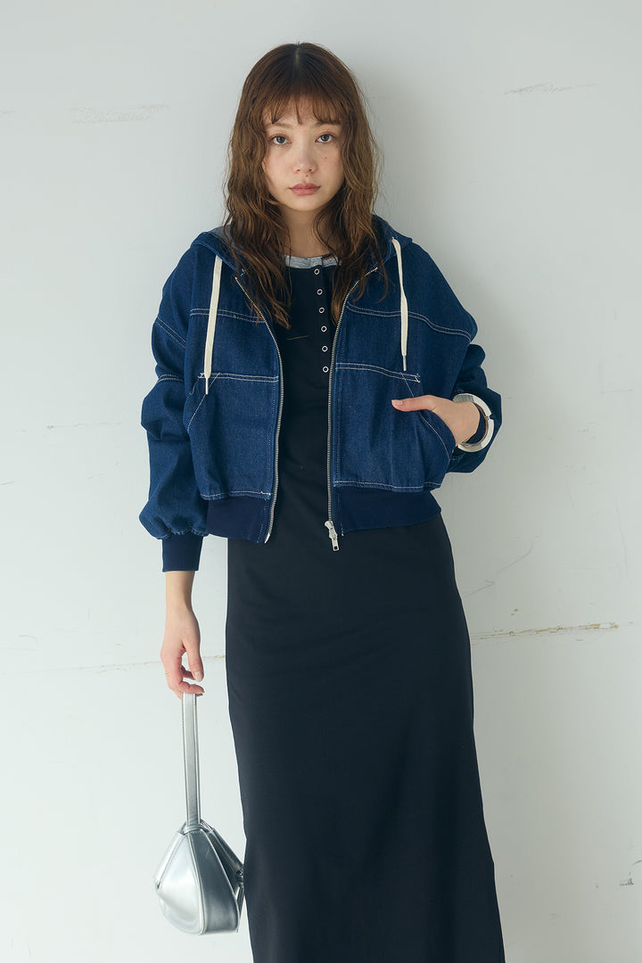 [SET]デニムダブルジップパーカーブルゾン+レイヤード見えヘンリーネックロングワンピース(2set)