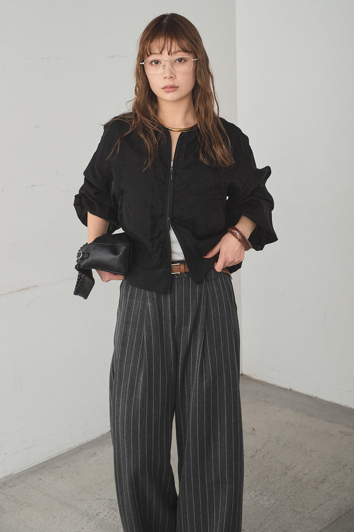 [SET]シアー×ポンチブルゾン+細ベルト付きピンストライプワイドパンツ(2set)