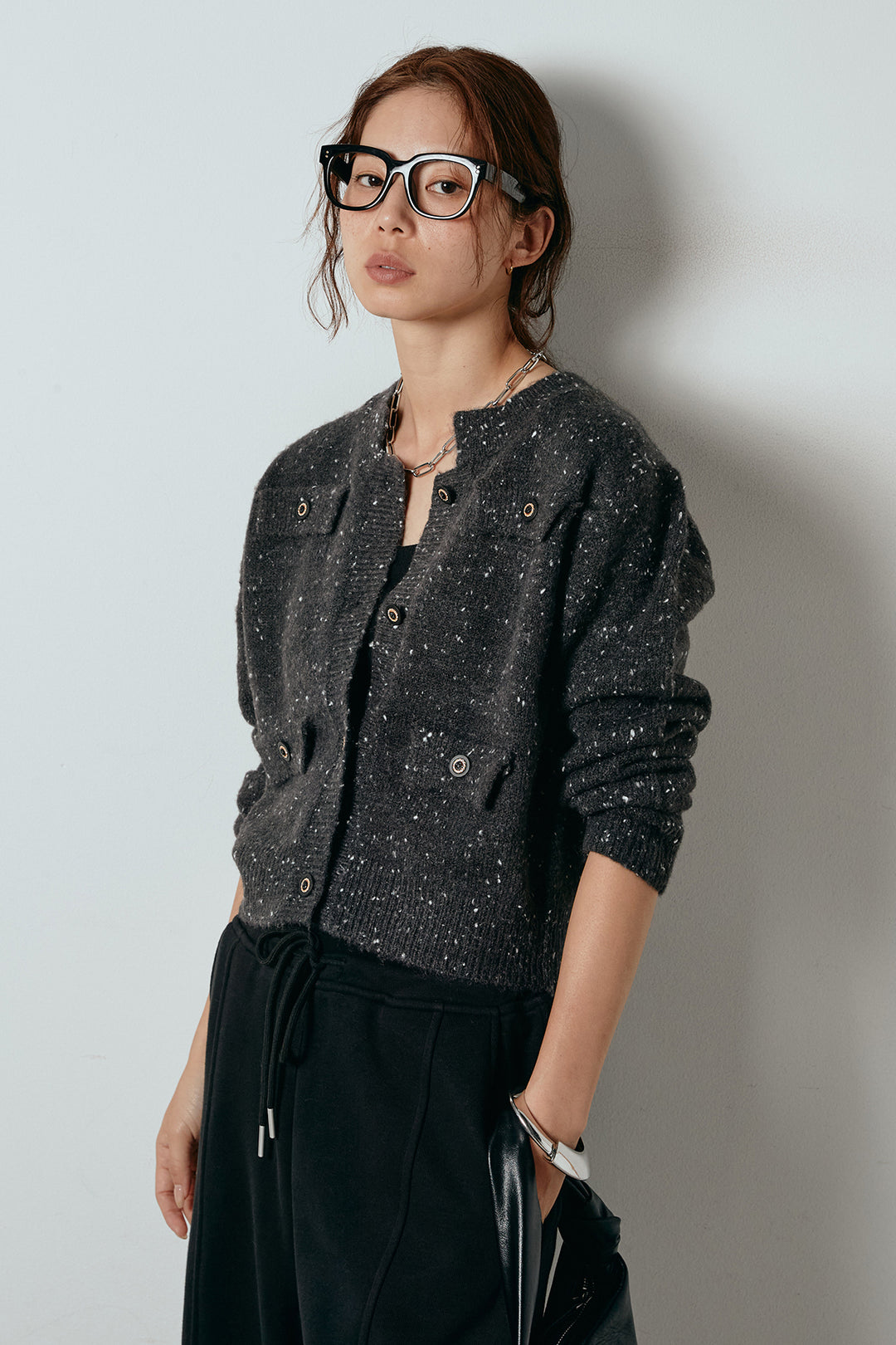 [SET]ネップニットカーディガン+スウェットワイドカーブパンツ(2set)