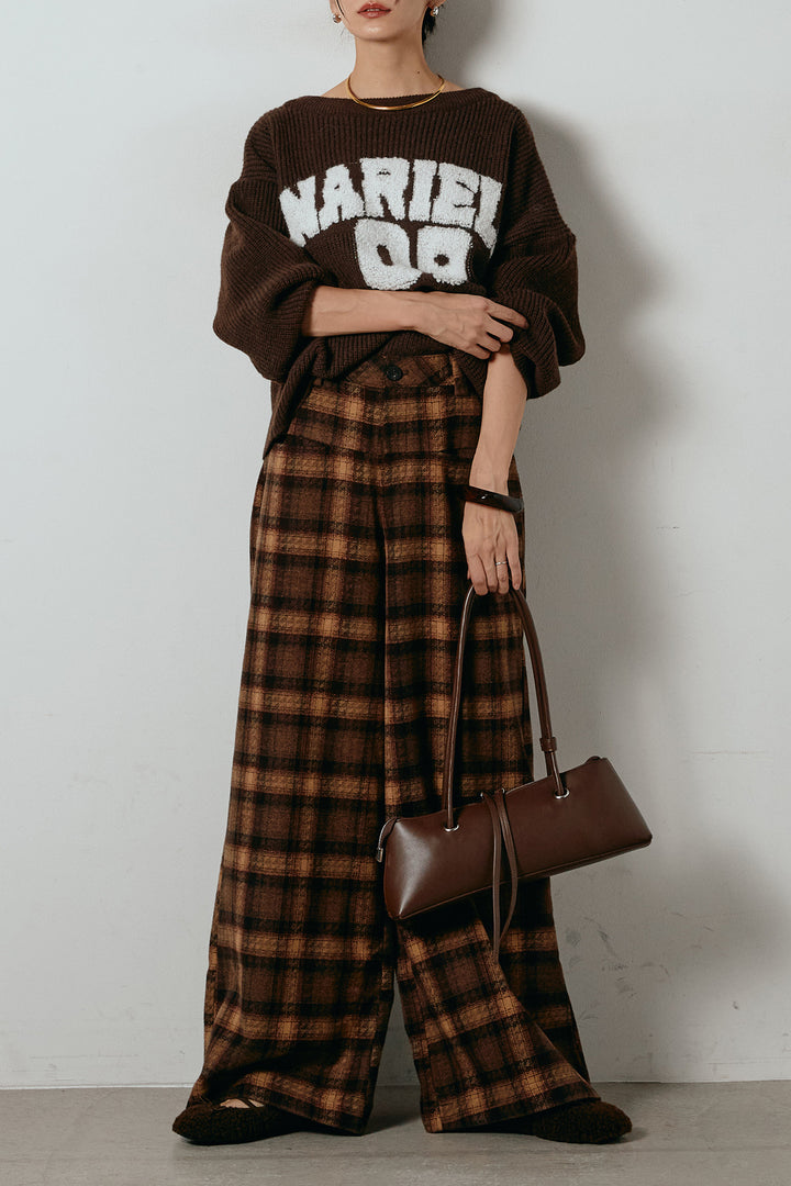 [SET]ロゴジャガードニットトップス+ルーズタータンチェックワイドパンツ(2set)