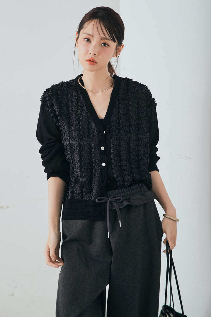 [SET]モコレースVネックカーディガン+カットダンボールウエストフリルカーブパンツ(2set)