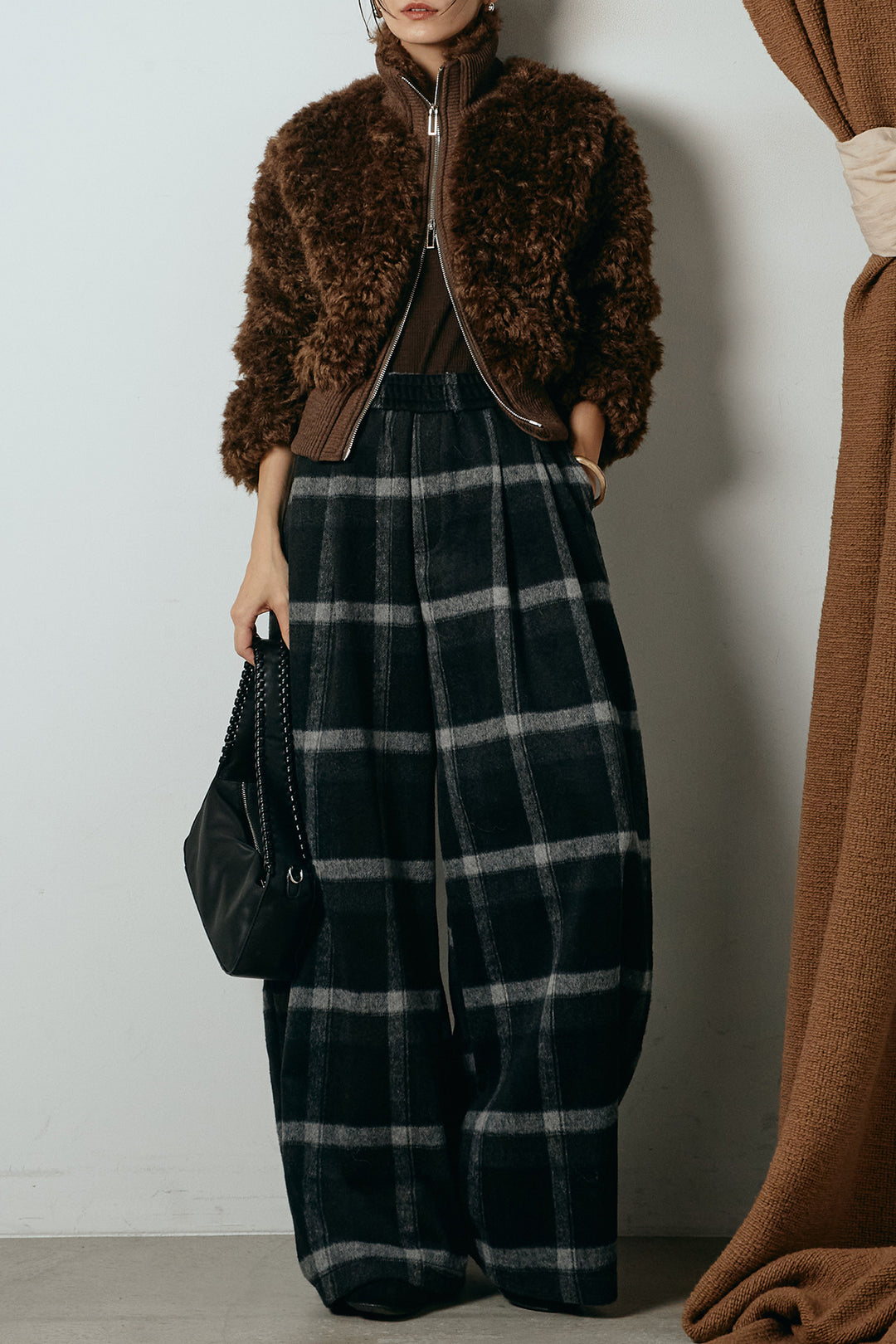 [SET]ハイネックショート丈ボアジップブルゾン+起毛タータンチェック柄ワイドパンツ(2set)