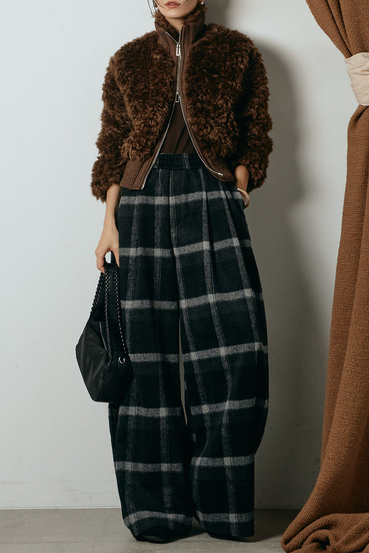 [SET]ハイネックショート丈ボアジップブルゾン+起毛タータンチェック柄ワイドパンツ(2set)