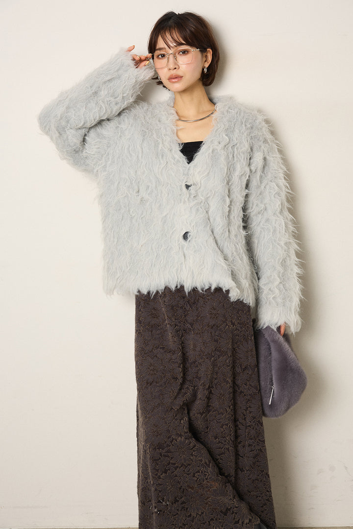 [SET]起毛シャギーニットカーディガン+花柄刺繍ベロアフレアスカート(2set)