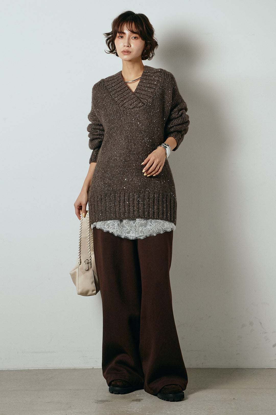 [SET]Vネックラメニットトップス+レース切り替えキャミソール(2set)