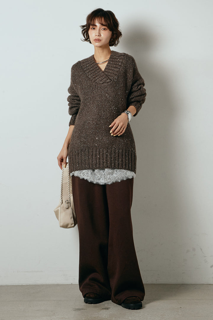 [SET]Vネックラメニットトップス+レース切り替えキャミソール(2set)