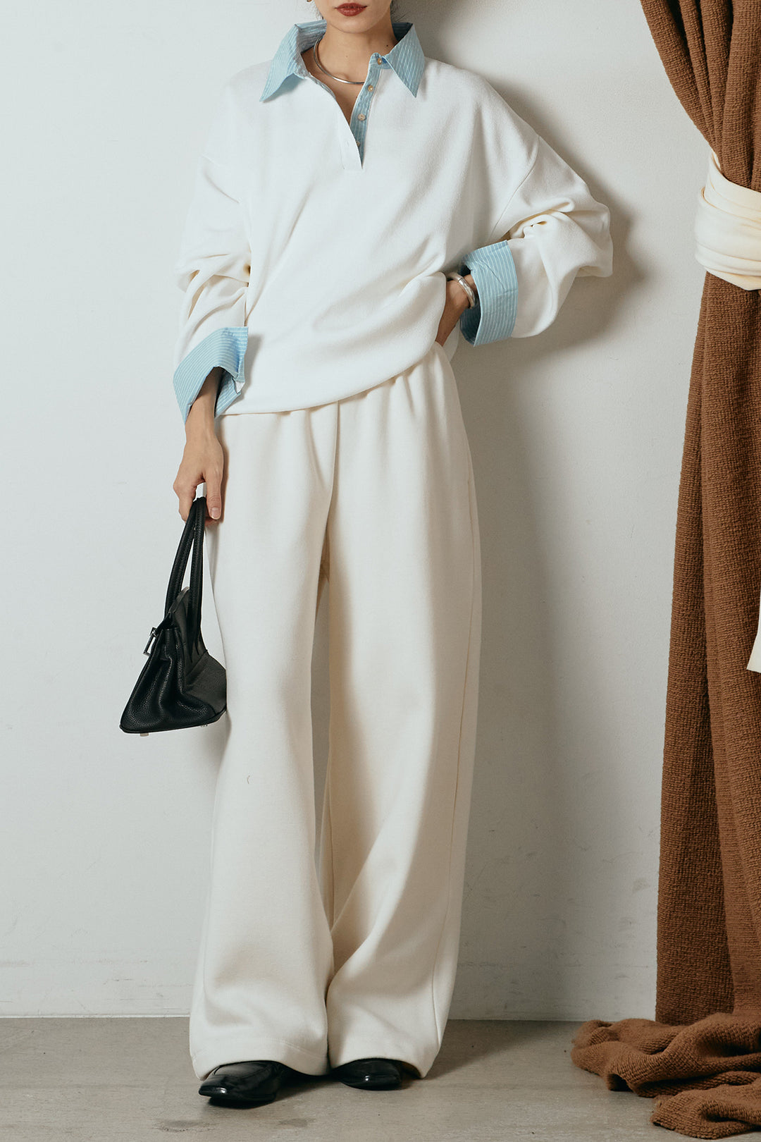 [SET]ストライプシャツドッキングポロトップス+裏起毛スウェットワイドパンツ(2set)