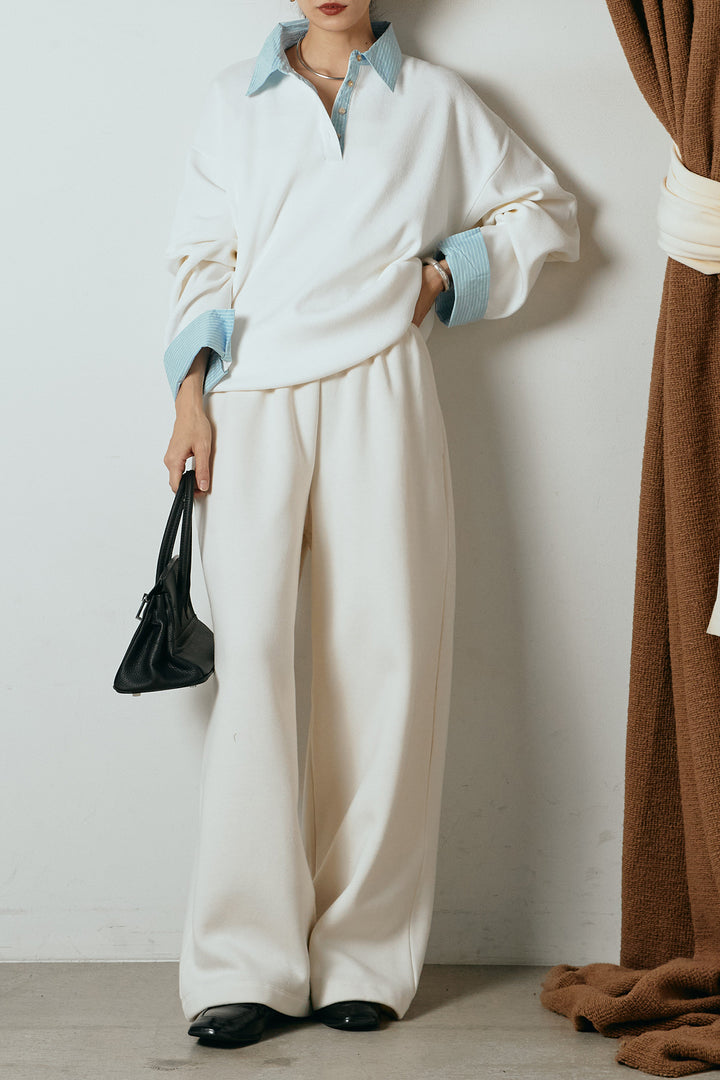 [SET]ストライプシャツドッキングポロトップス+裏起毛スウェットワイドパンツ(2set)