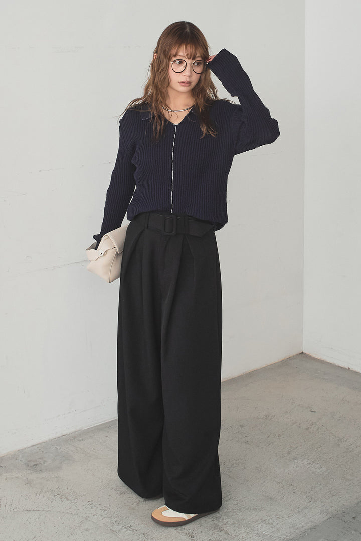 [SET]衿付きニットプルオーバー+ベルト付きツータックワイドパンツ(2set)