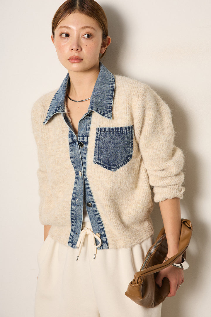 [SET]襟付きデニム切替ニットカーディガン+裏起毛スウェットワイドパンツ(2set)