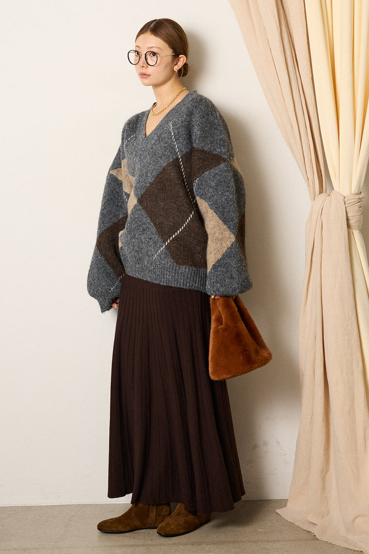 【着回しセット】[SET]ルーズアーガイルVネックニット+ルーズアーガイルVネックニット+編み地切り替えフレアニットスカート(3set)