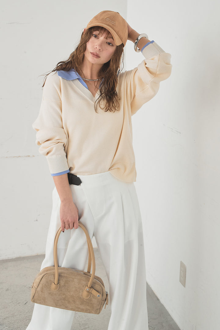 [SET]バイカラーニットレイヤード風プルオーバー+サイドベルトタック入りスラックス(2set)