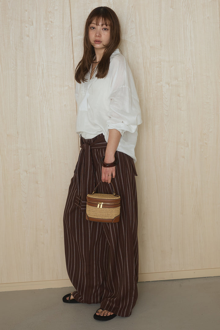 [SET]襟付きボタンブラウス+ウエスト巻きピンストライプパンツ(2set)