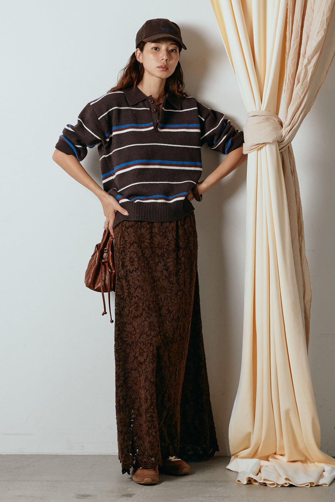 [SET]襟付きマルチボーダーニットポロトップス+花柄刺繍ベロアフレアスカート(2set)