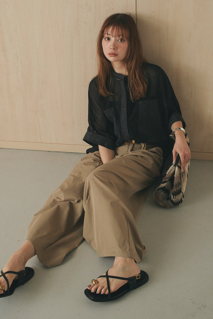 [SET]デニムライクビッグツーポケシアーシャツ+ベルトループデザインハイウエストタックパンツ(2set)