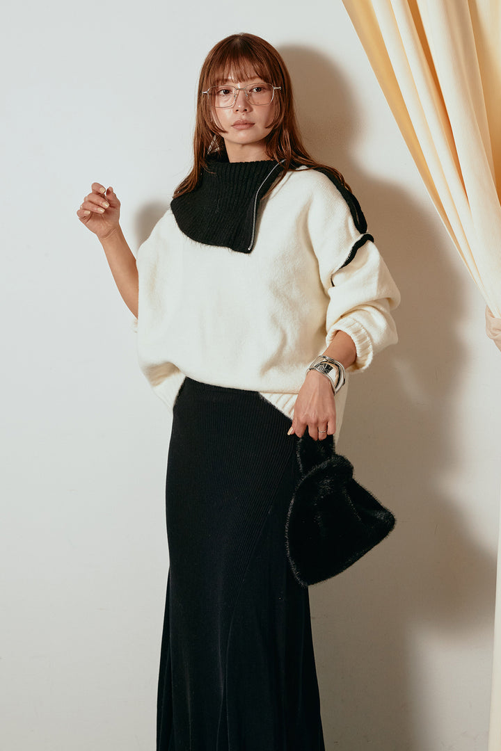 [SET]ハイネックジップデザインニットトップス+サイド切り替えリブニットロングスカート(2set)