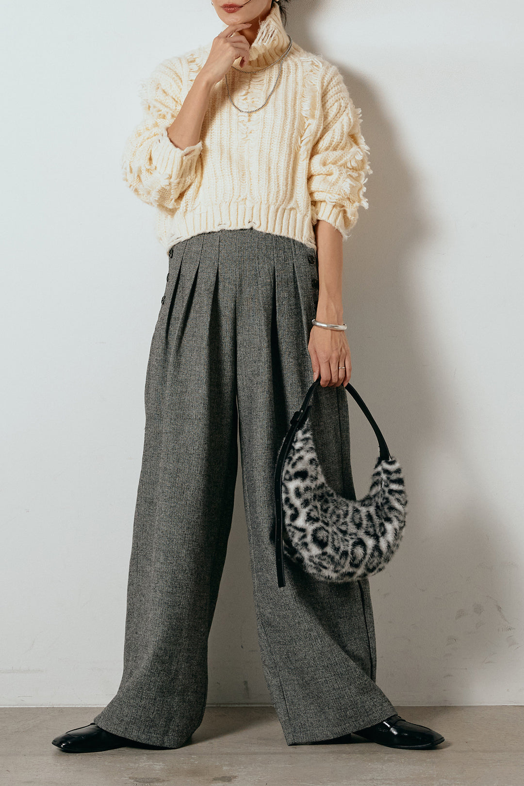 [SET]フリンジタートルショートニット+サイドボタンツイードタックパンツ(2set)