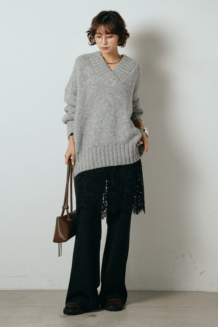 [SET]Vネックラメニットトップス+レース刺繍レイヤードフレアパンツ(2set)