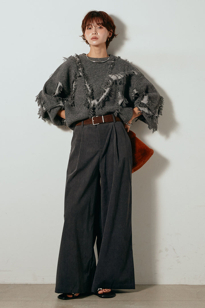 [SET]シャギージャガードニットトップス+太ベルト付きコーデュロイタックパンツ(2set)