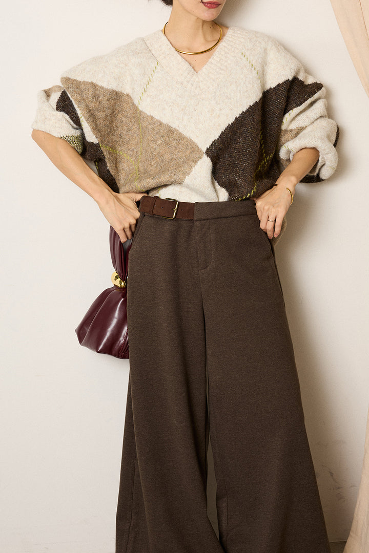 [SET]ルーズアーガイルVネックニット+サイドベルトパンツ(2set)