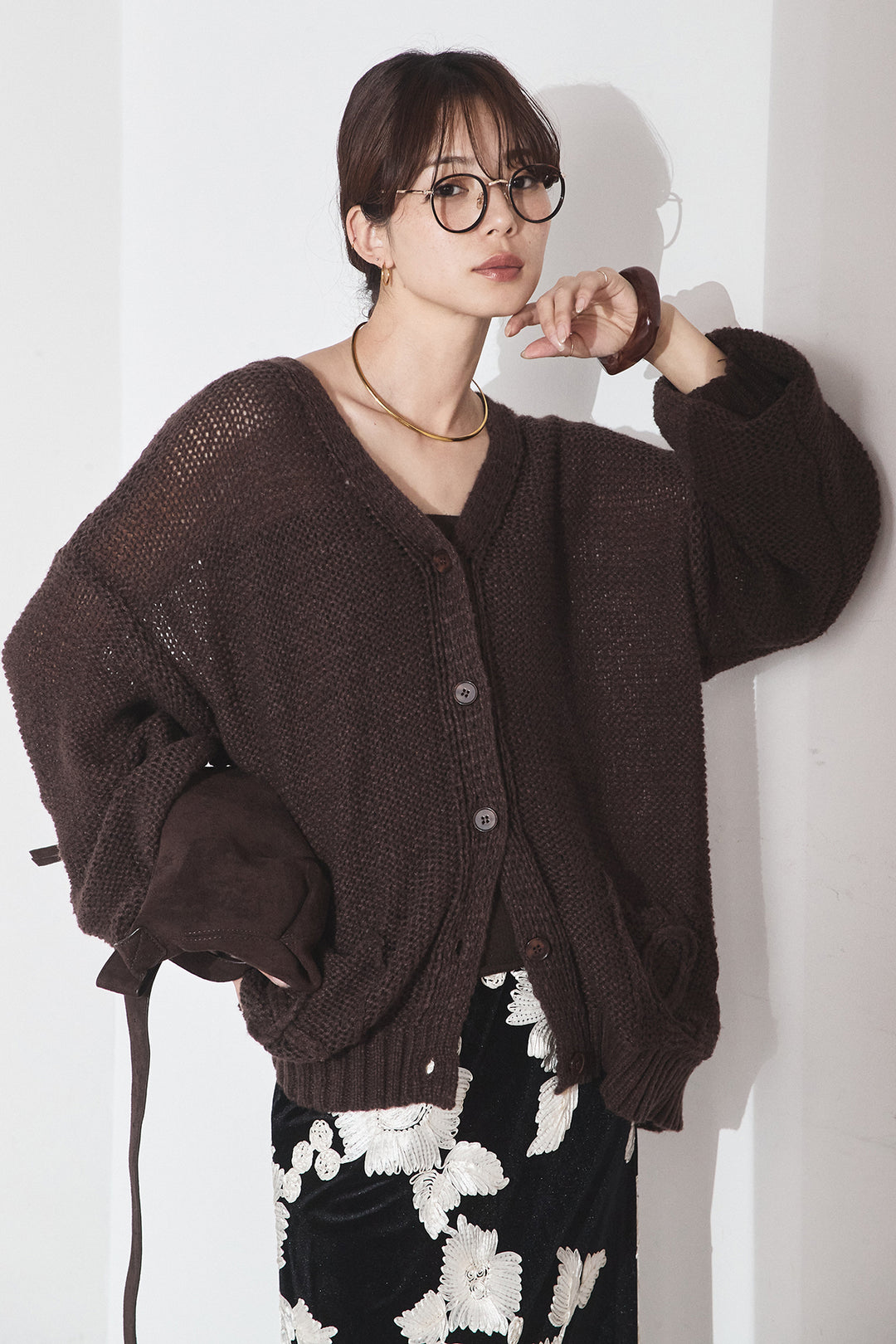 [SET]コード刺繍リラックスニットカーディガン+フラワー刺繍ワイドスカート(2set)