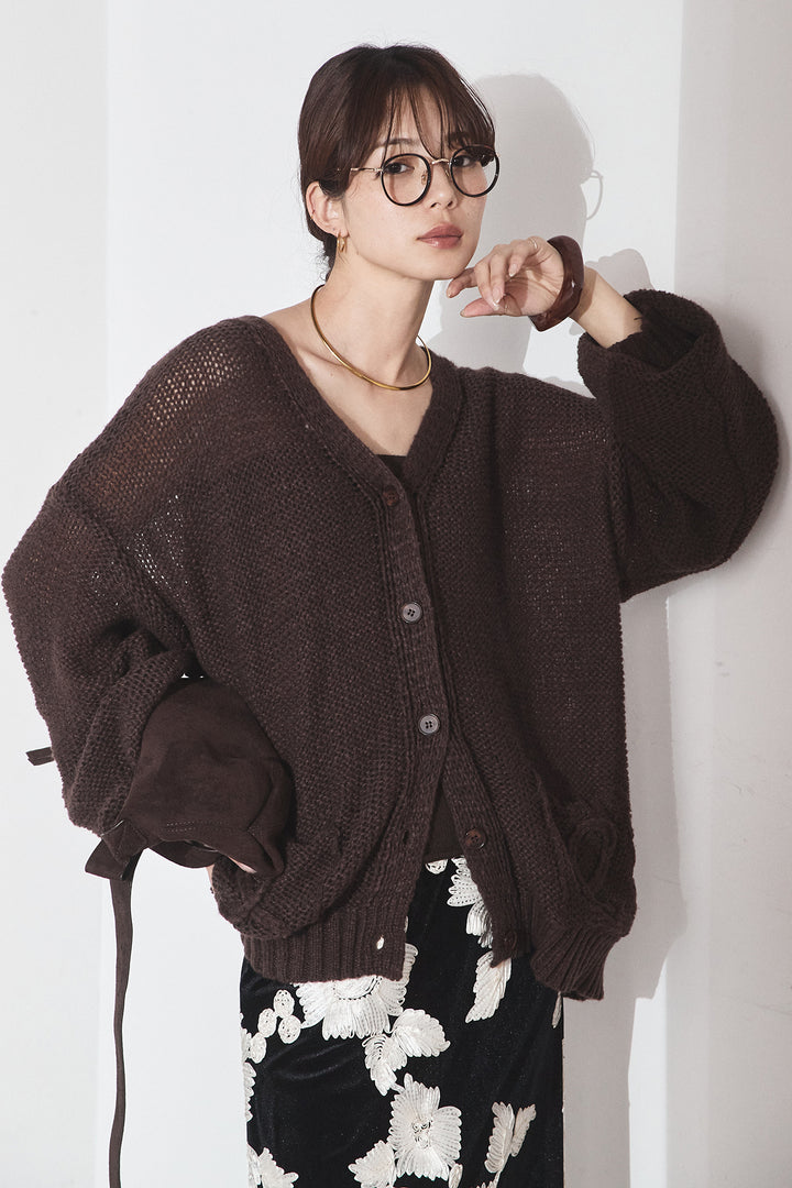 [SET]コード刺繍リラックスニットカーディガン+フラワー刺繍ワイドスカート(2set)