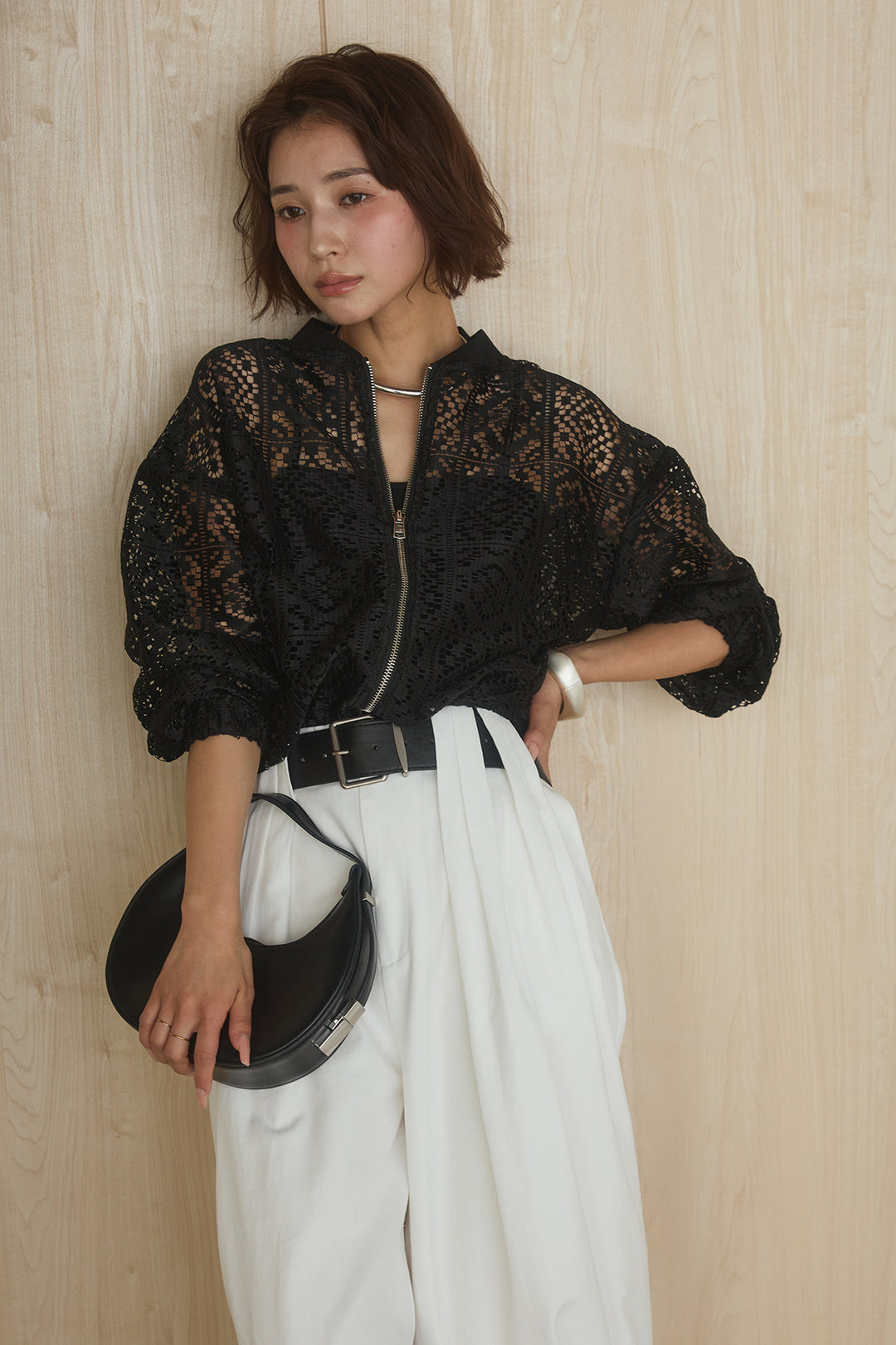 [SET]幾何レースブルゾン+ベルト付きビックループワイドパンツ(2set)