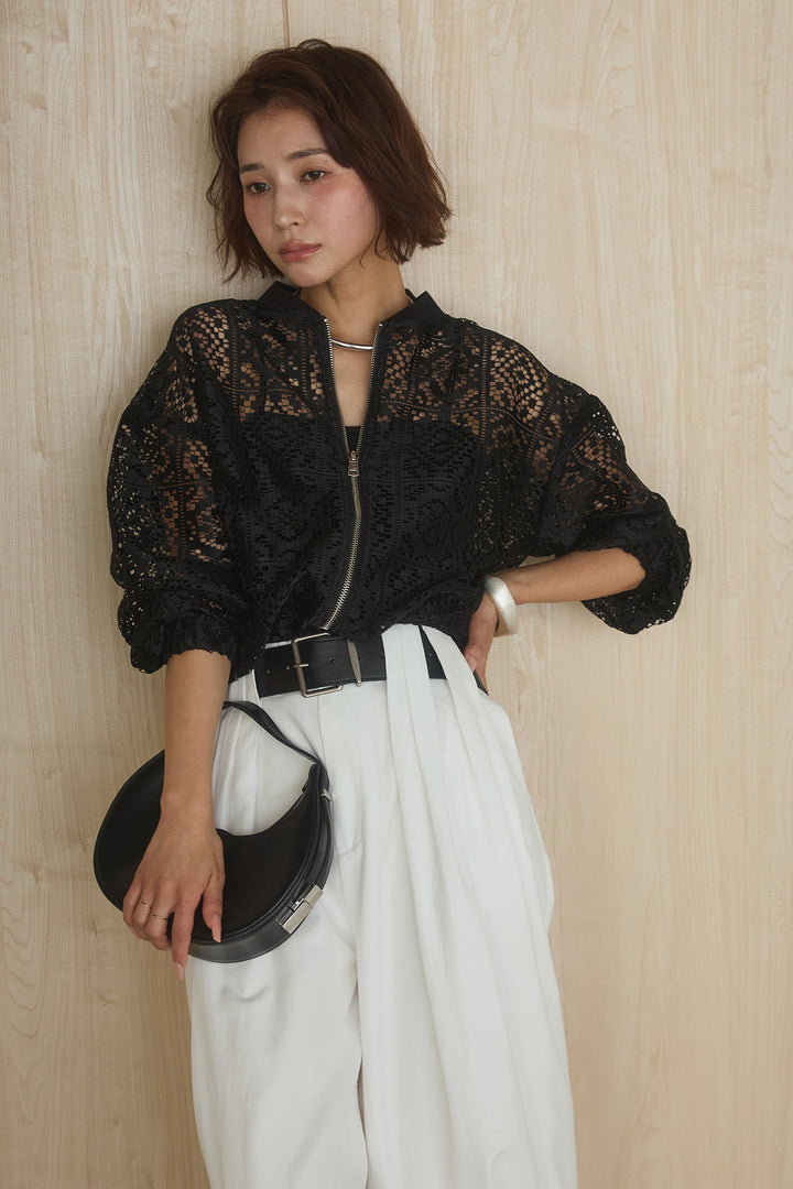 [SET]幾何レースブルゾン+ベルト付きビックループワイドパンツ(2set)